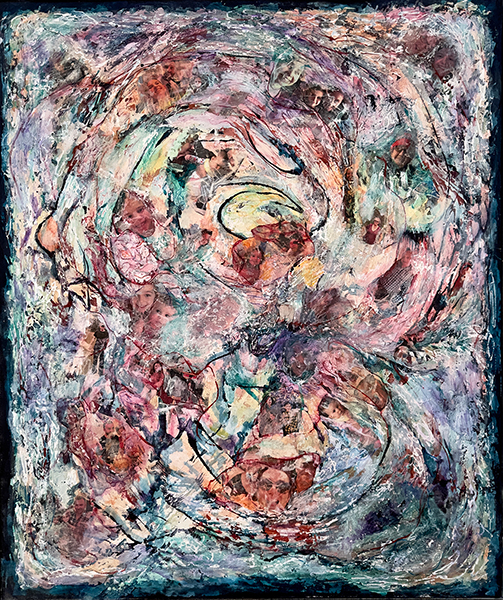 Kinship, by Raya Dukhan, connected series - mixed media on canvas - 31 X 36