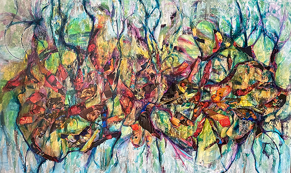 The Villages, by Raya Dukhan, connected series - mixed media on canvas - 48 X 30